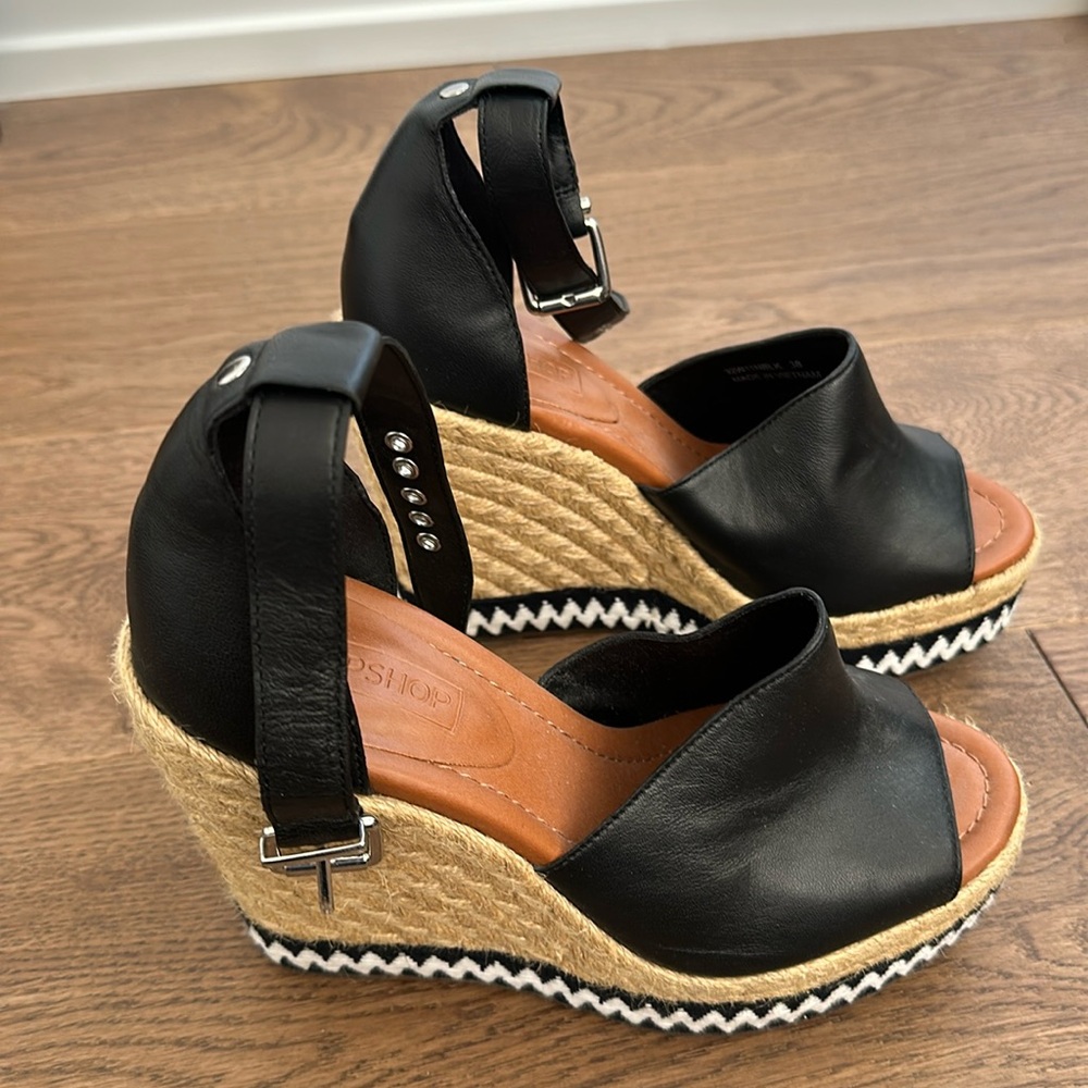 Topshop Black Aztec Rattan Open Toe High Wedge Sandals